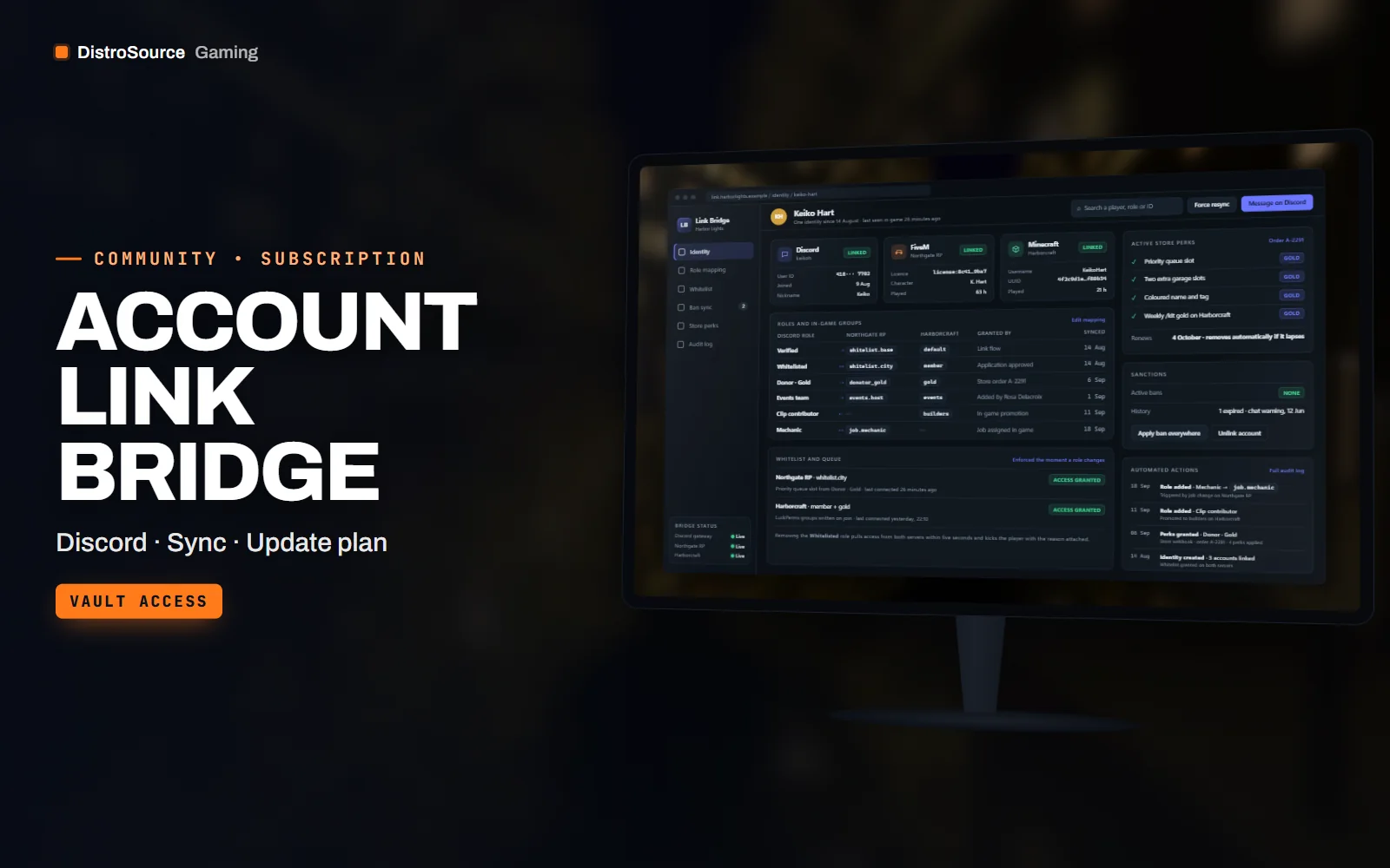 Identity console showing one player with linked Discord, FiveM and Minecraft accounts, their roles, bans and active perks