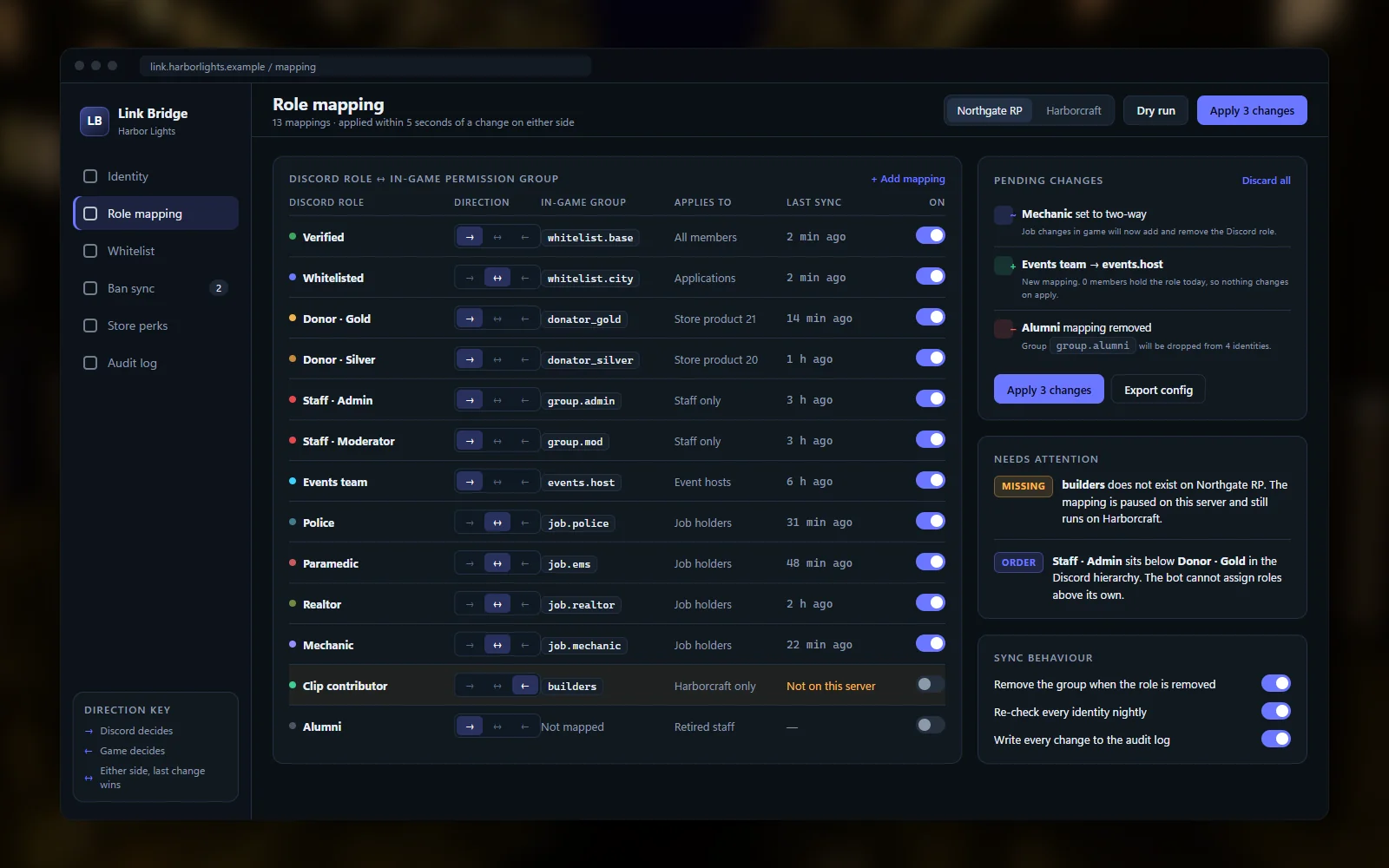Role and in-game rank mapping editor with per-row sync direction toggles and a pending changes list