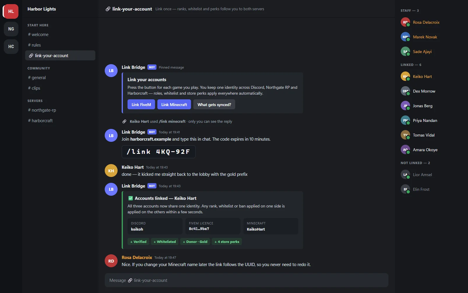Account link flow in a community chat app, with the resulting linked-account card
