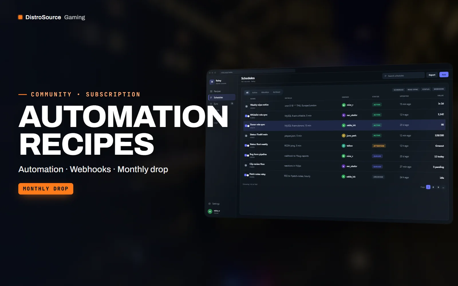 Admin web app table listing every enabled recipe with its type, schedule, last run time, target channel and a status badge, sidebar on the left
