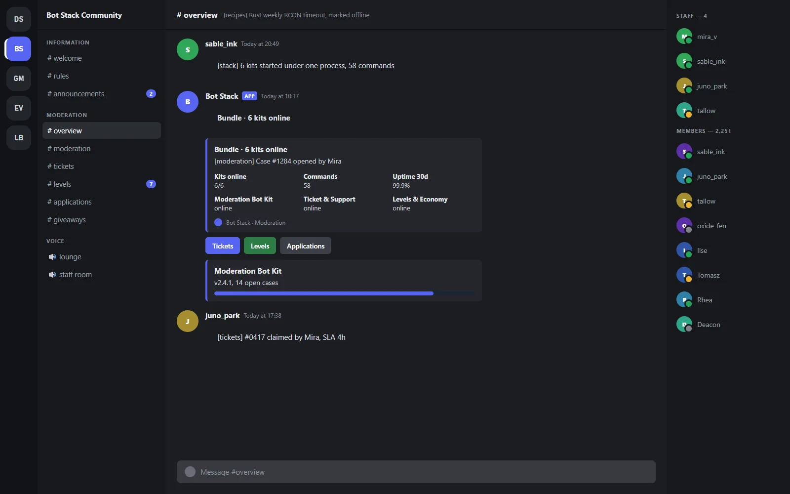 Bot status embed listing each kit in the bundle with its version, uptime, database size and last update, posted in a staff channel