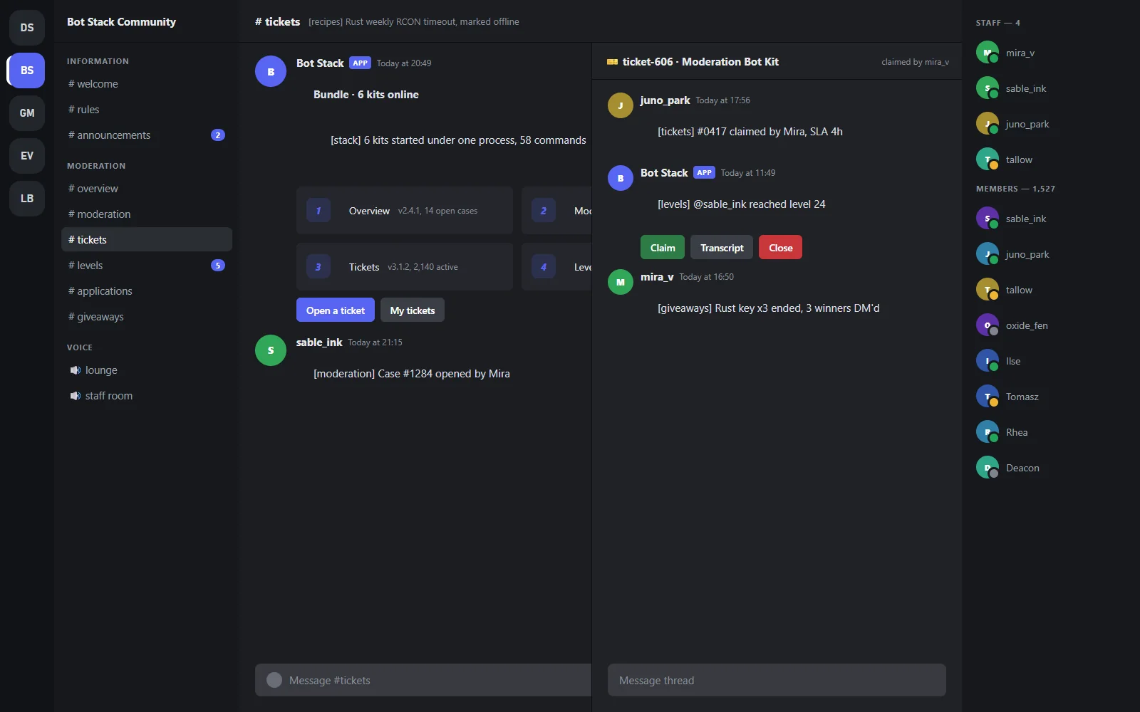 Ticket panel and an open support thread from the ticket kit, with the moderation kit's case embed referenced inside the thread