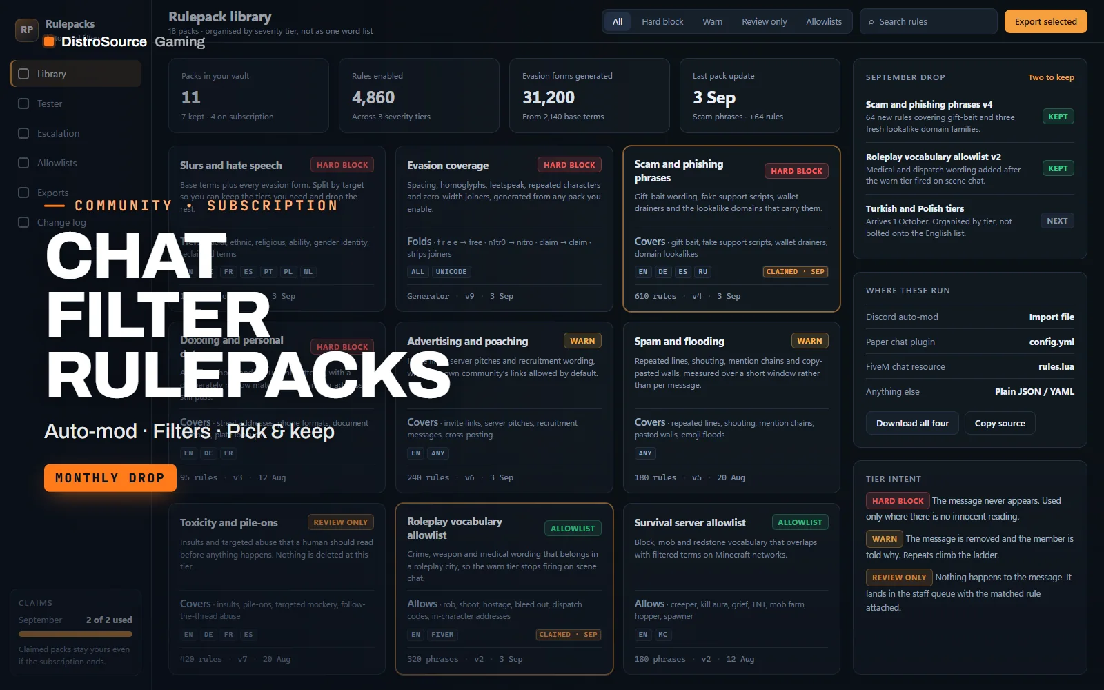 Rulepack library with severity tiers, language packs and this month's two claims marked
