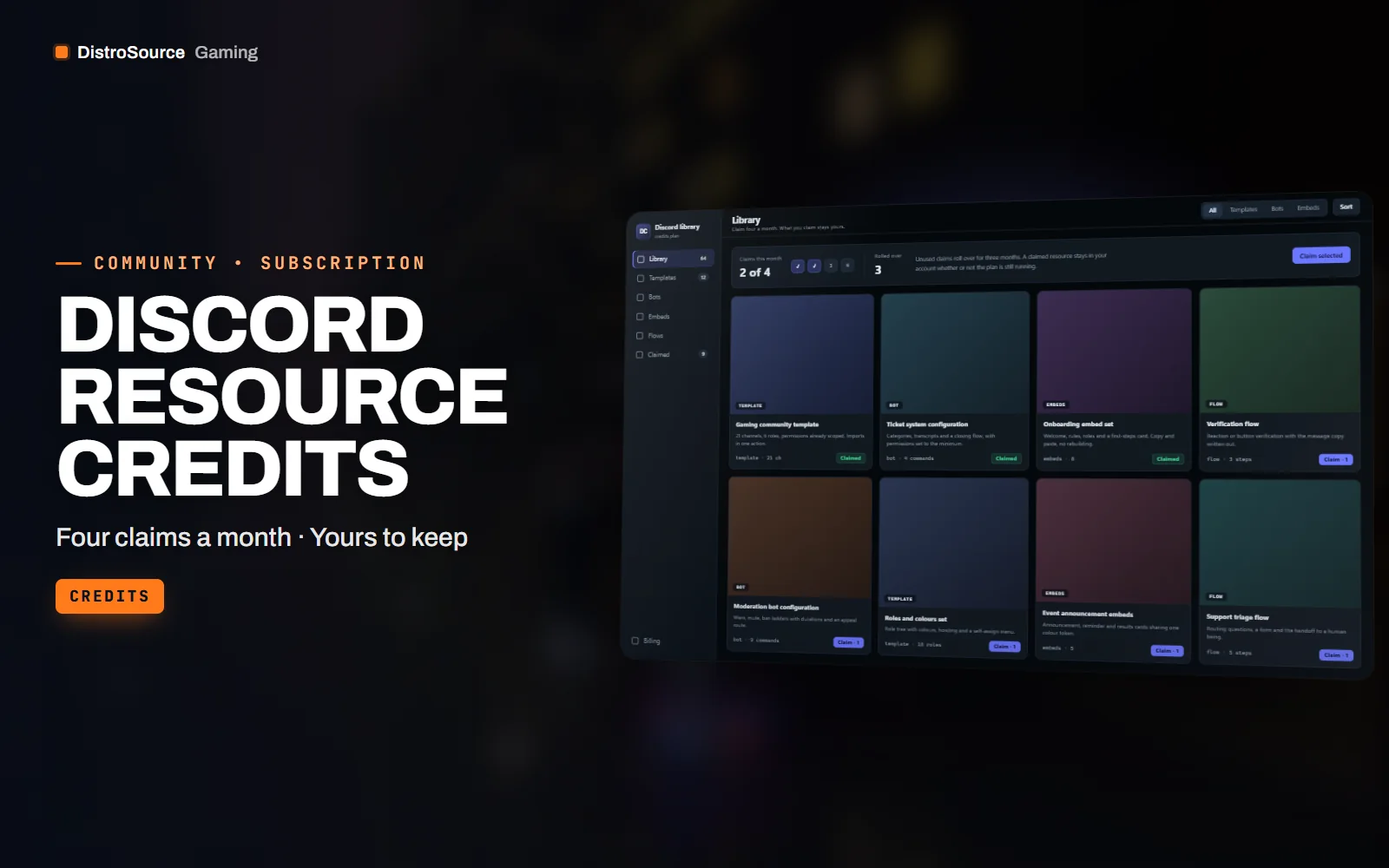 Credit balance and claim history beside the Discord resource library, showing four credits available this period