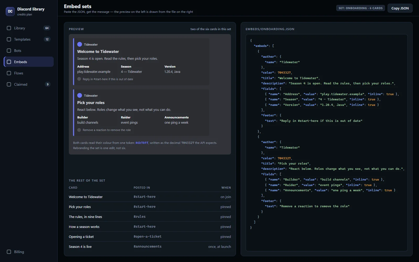 Embed set shown as rendered embeds beside the JSON that produces them