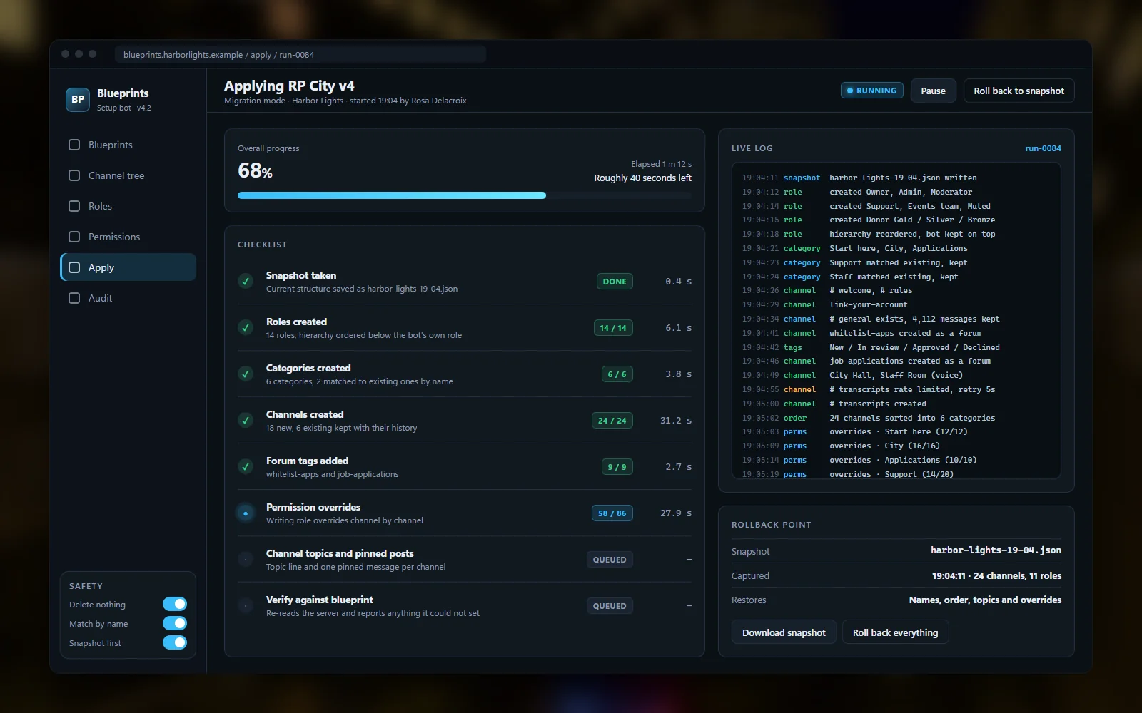Setup bot applying a blueprint with a live checklist of categories, channels and roles created