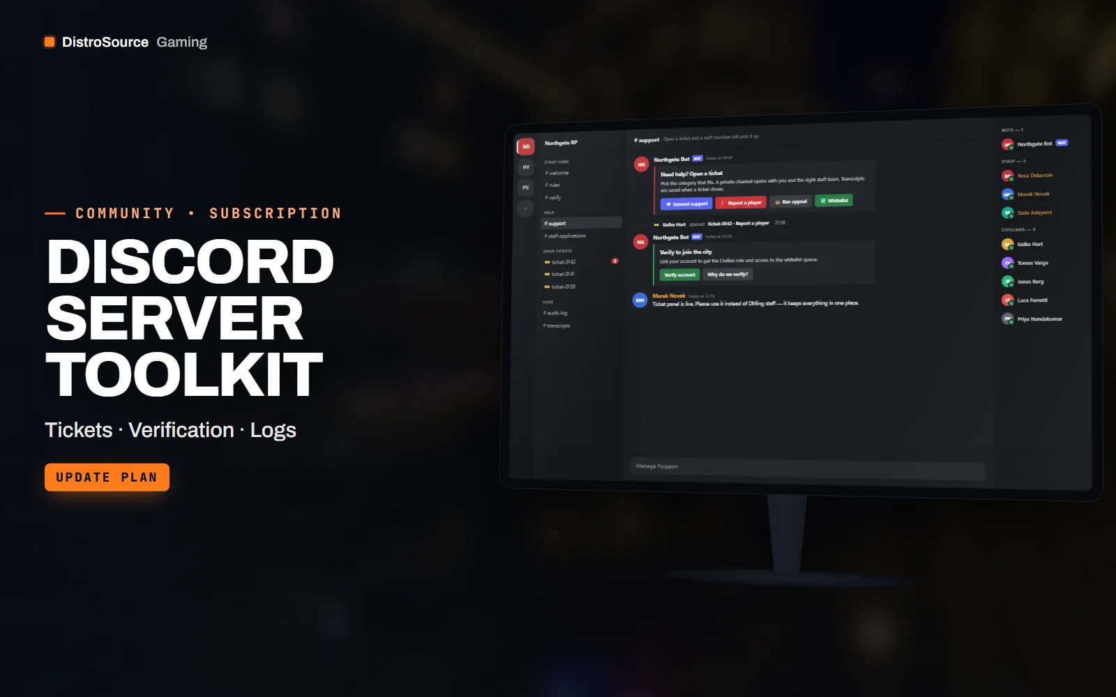 Community chat app with a support ticket panel and verification message from the bot