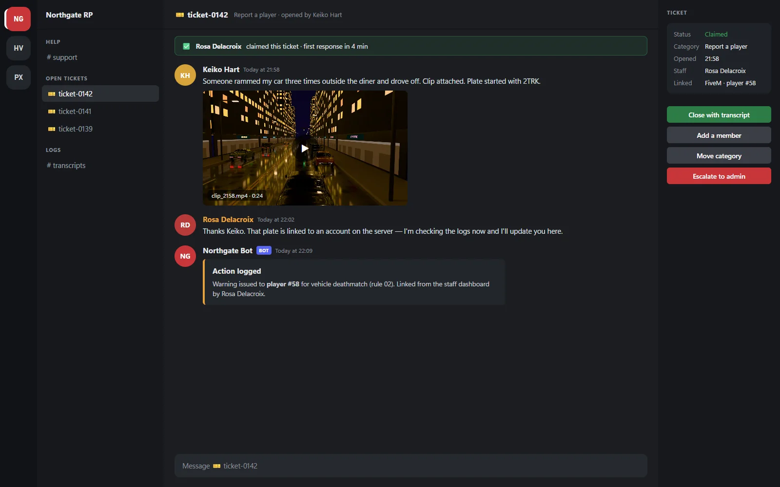 Ticket thread with staff claim, conversation and transcript controls