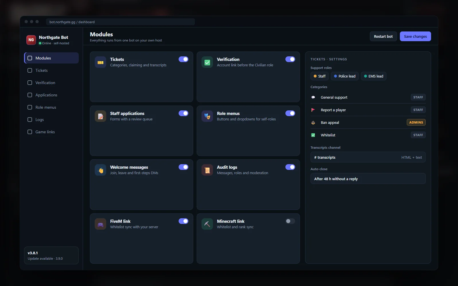Bot web dashboard with modules, channels and role settings