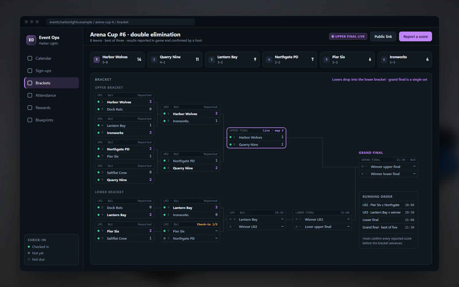Double-elimination bracket with check-in states, reported scores and a live leaderboard strip