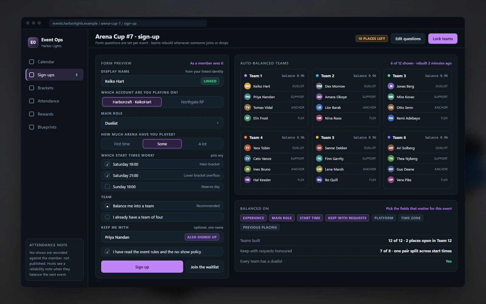 Sign-up form with per-event questions beside the automatically balanced teams