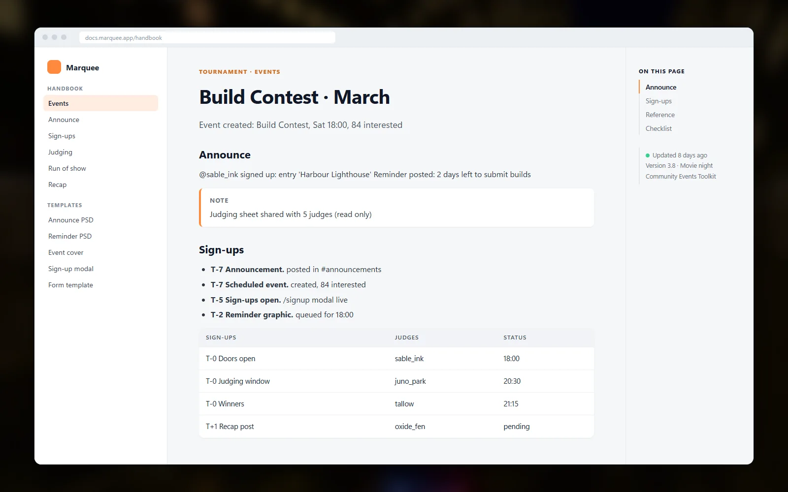 Recap page template showing winner slots, a screenshot grid, thanks to helpers and the message template for the announcement channel