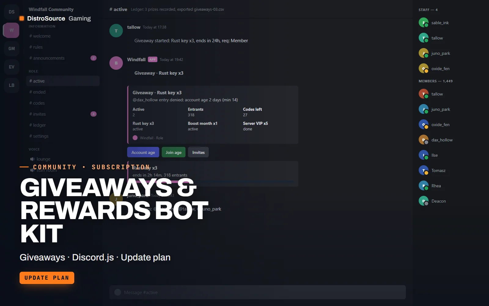 Giveaway embed with prize, time remaining, entrant count, requirement list and a pink enter button, posted by the bot in a giveaways channel