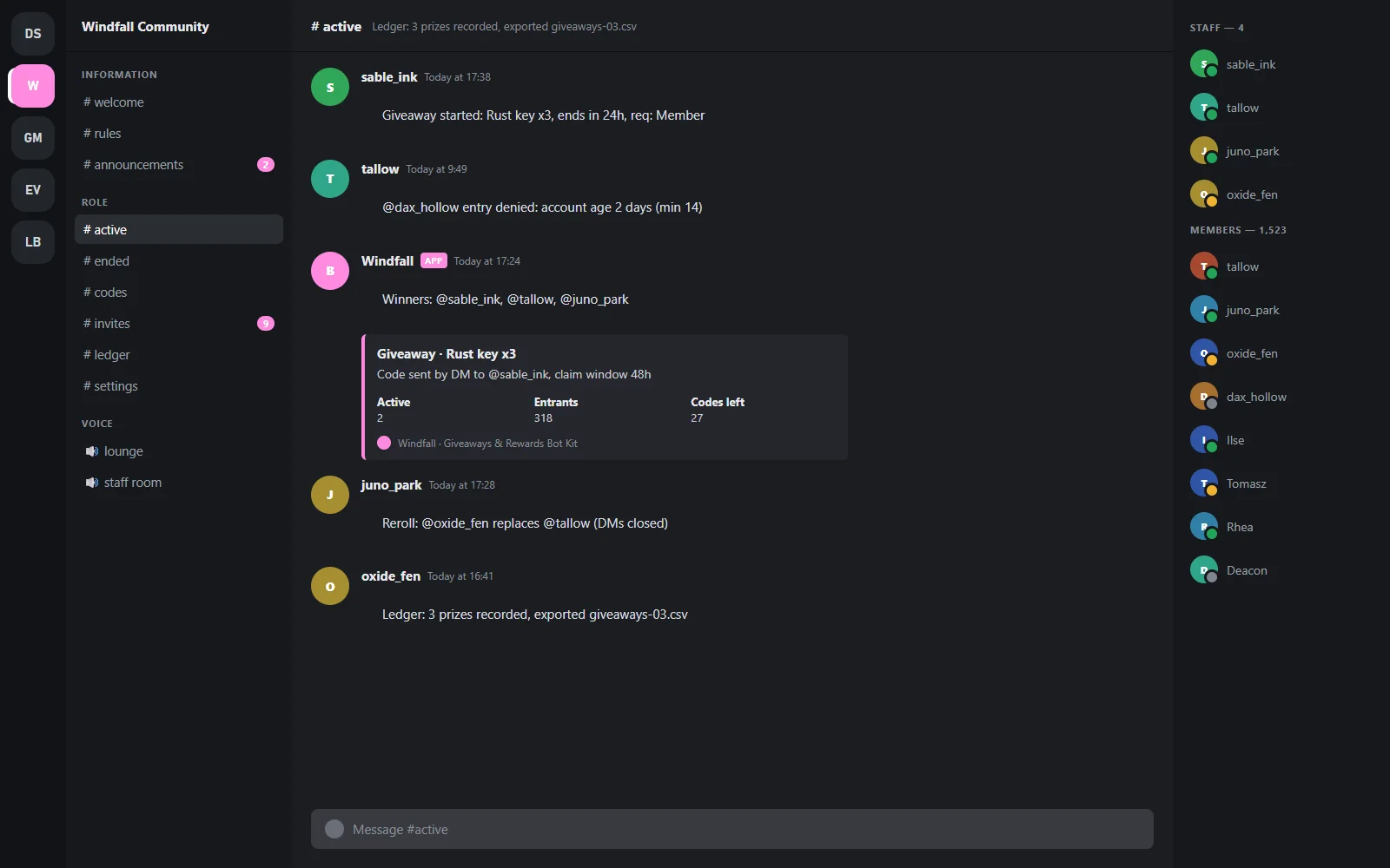 Giveaways channel showing a winner announcement, a reroll notice and members reacting, with the bot's DM code delivery shown in a side panel
