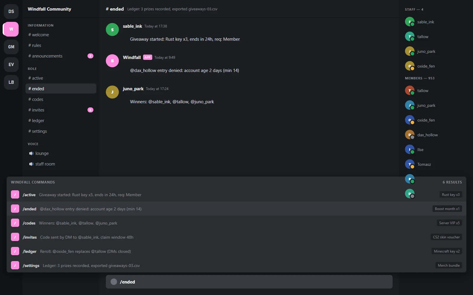 Slash command palette listing giveaway start, end, reroll, codes, invites and ledger commands with their options