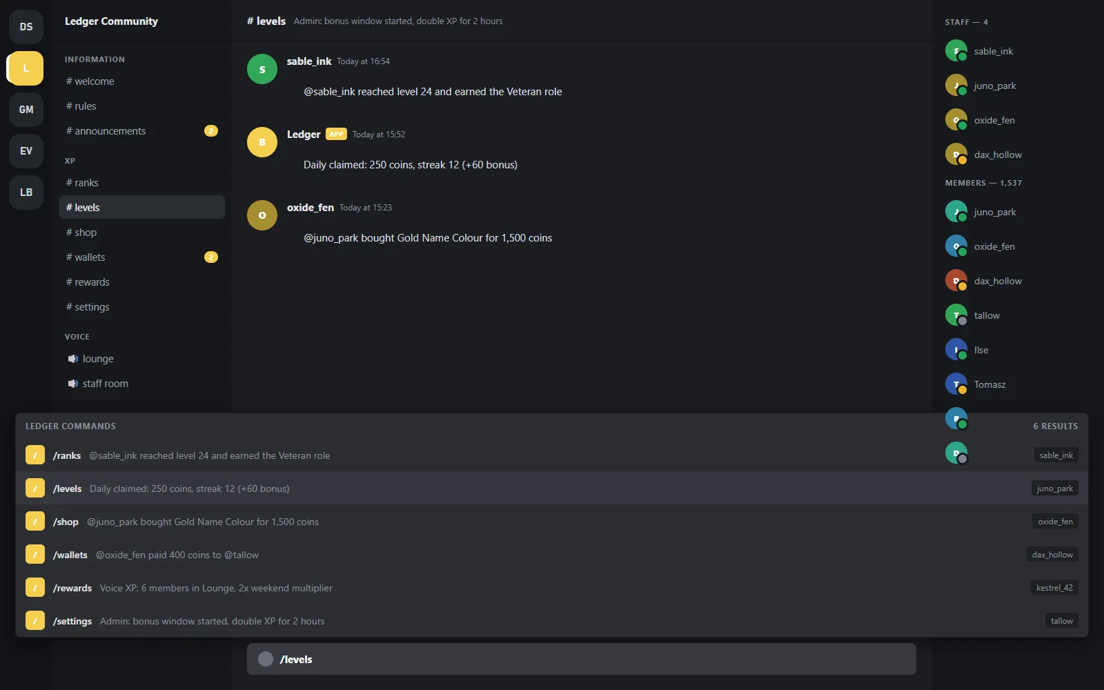 Slash command palette listing rank, daily, balance, pay, shop, buy and leaderboard commands with their option hints