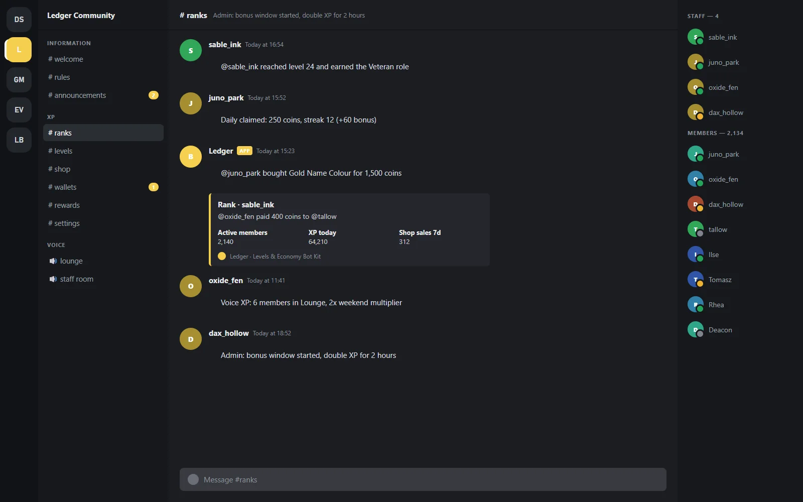 General channel with level-up announcements, a daily claim reply with streak bonus and a shop purchase confirmation from the bot