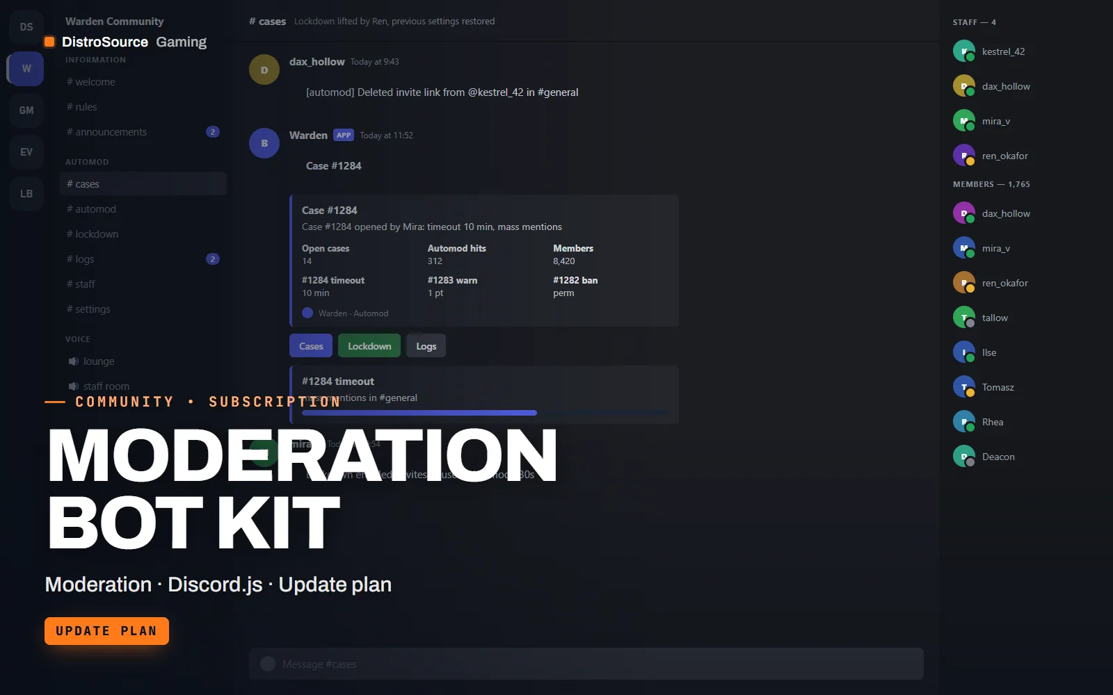 Discord channel showing a moderation case embed with case number, moderator, reason, evidence link and action buttons for escalate and close