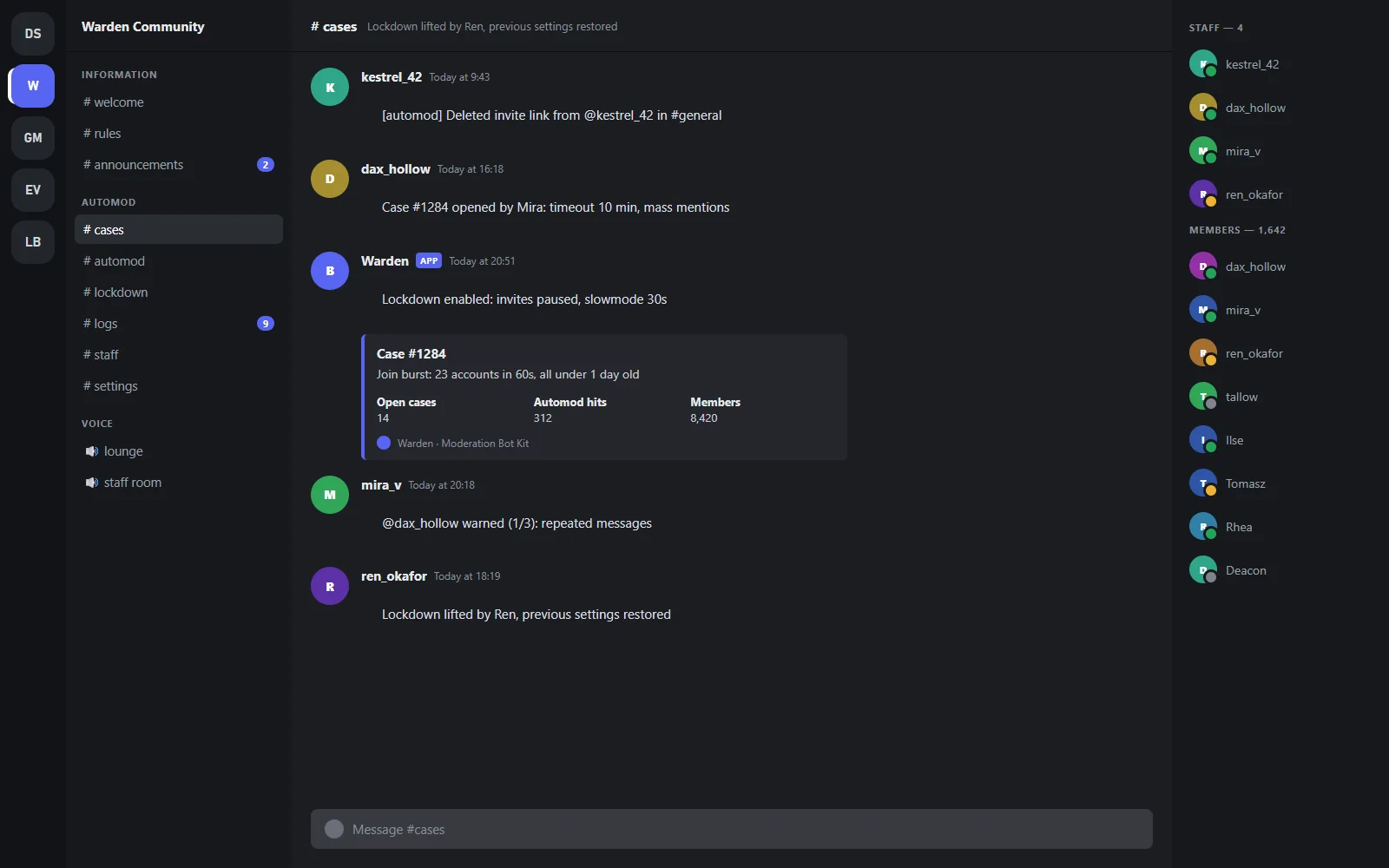 Mod log channel with a run of bot messages recording a timeout, a deleted invite link and a raid lockdown notice