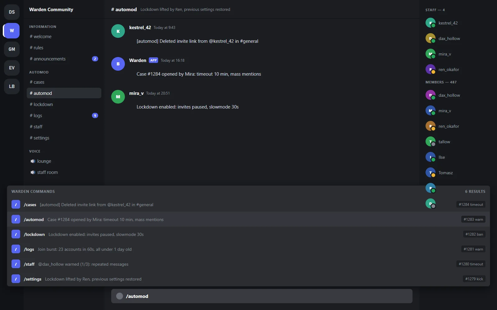 Slash command palette listing the bot's moderation commands with their options, including warn, timeout, case and lockdown