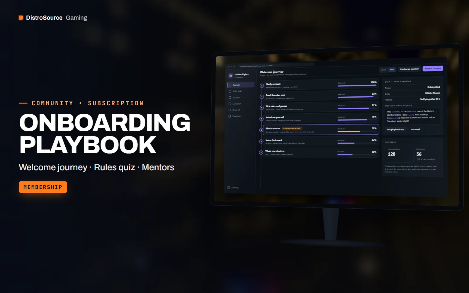 Onboarding journey builder with seven steps from verification to first event