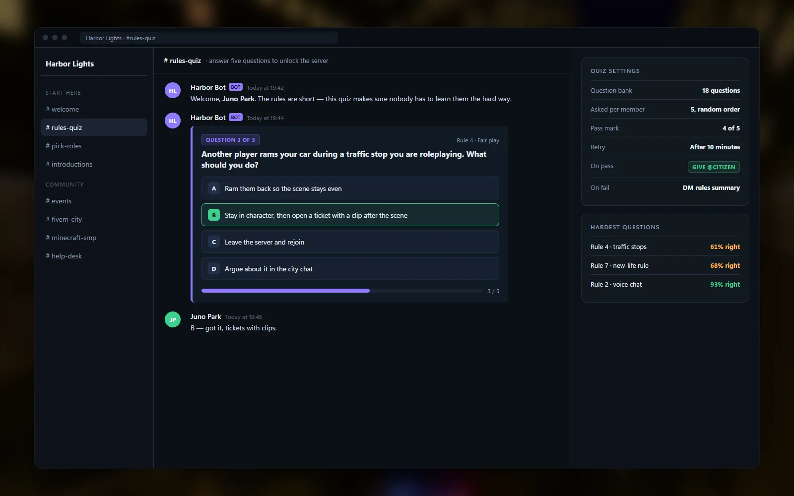 Rules quiz in a community chat app with a question, answers and progress