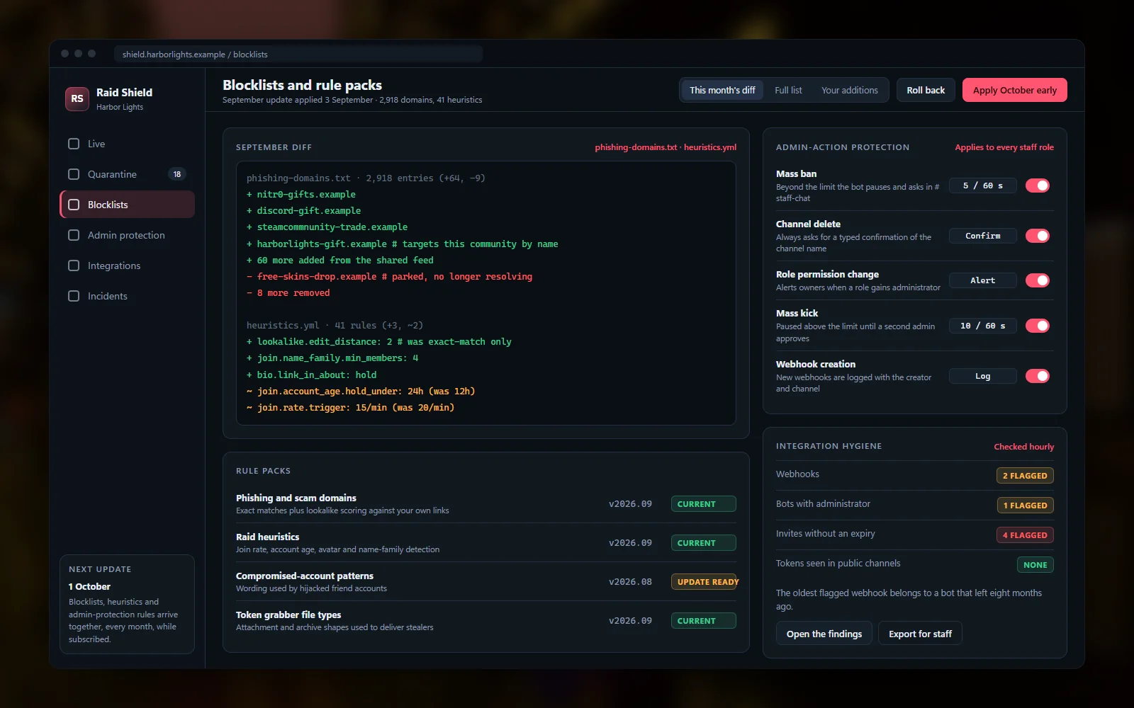Blocklist and rule-pack manager showing this month's update diff and the admin-protection rules