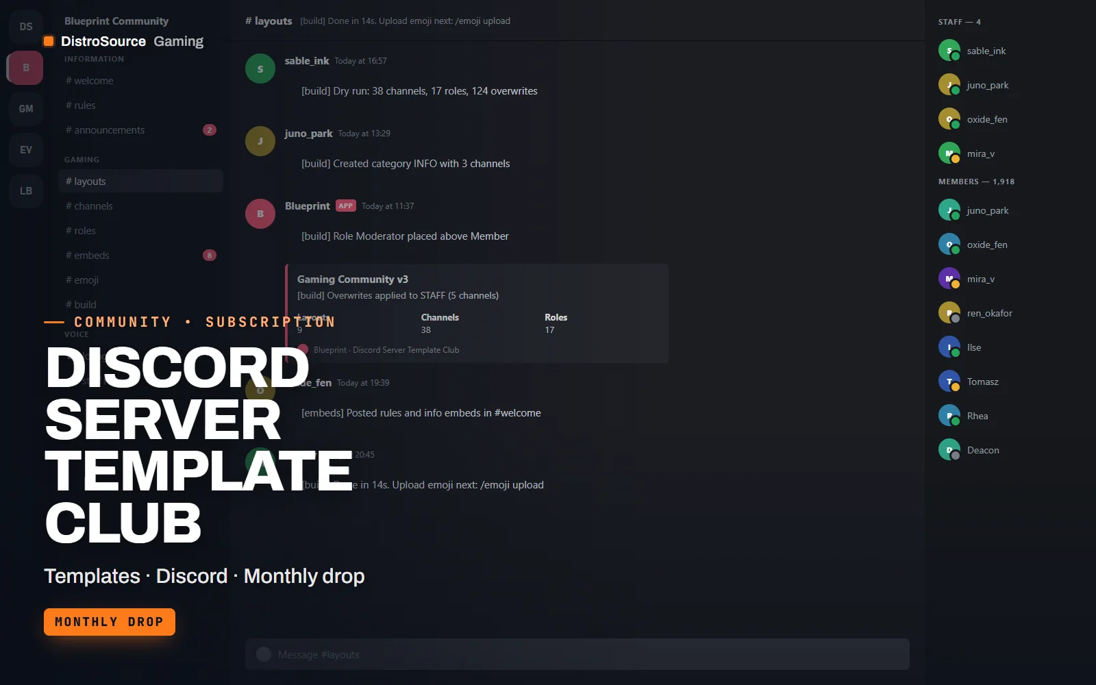Discord server built from a layout showing the channel sidebar with categories, a welcome channel with rules embed and the role list in the member panel