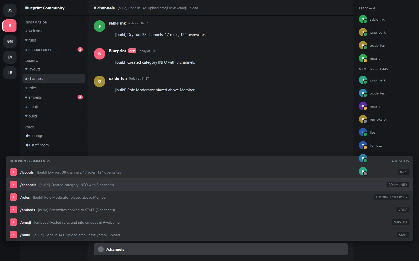 Slash command palette for the setup bot listing build, dry-run, roles, embeds and emoji commands with their options
