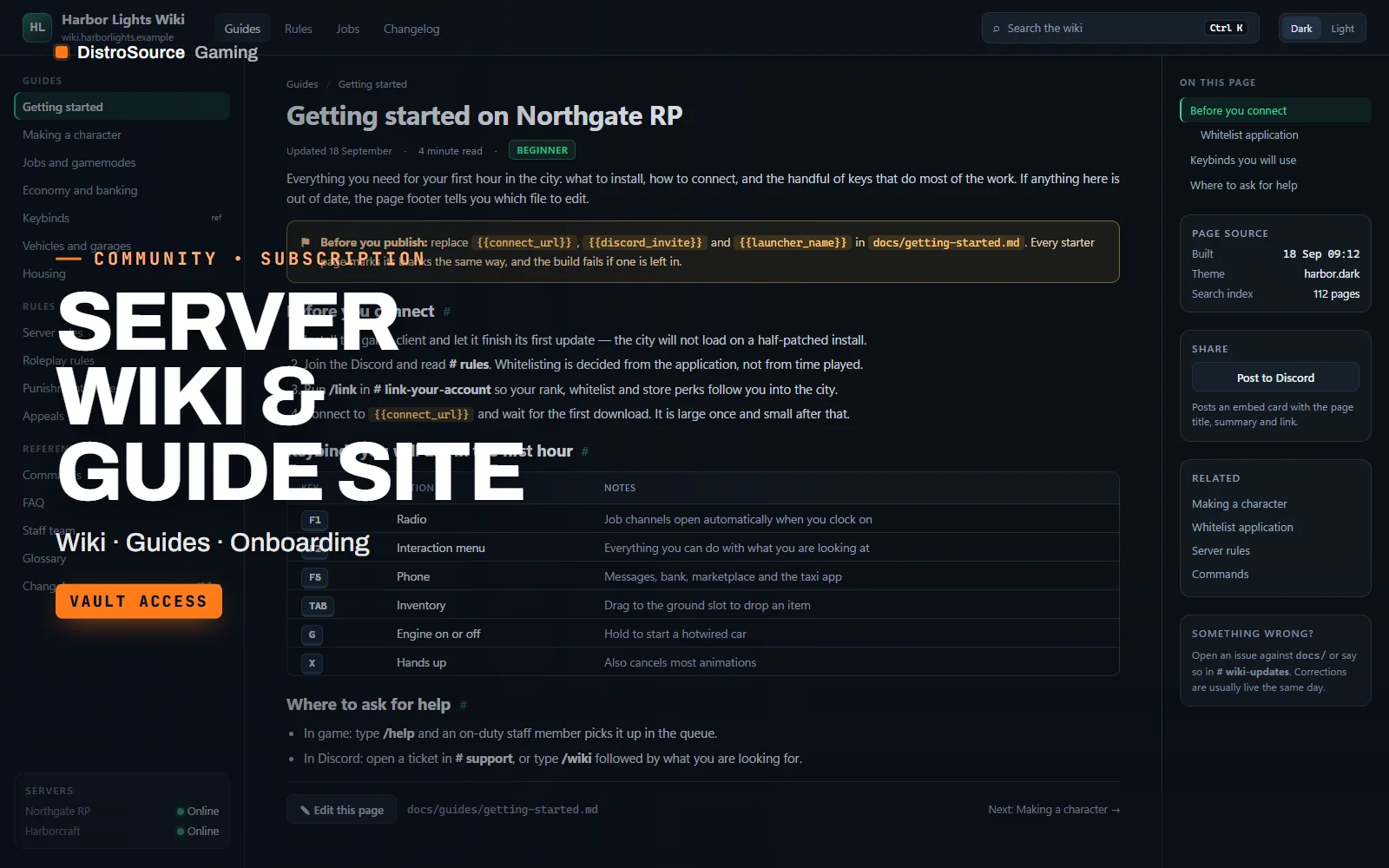 Getting started wiki page with sidebar navigation, a search box, anchored headings and a keybind table