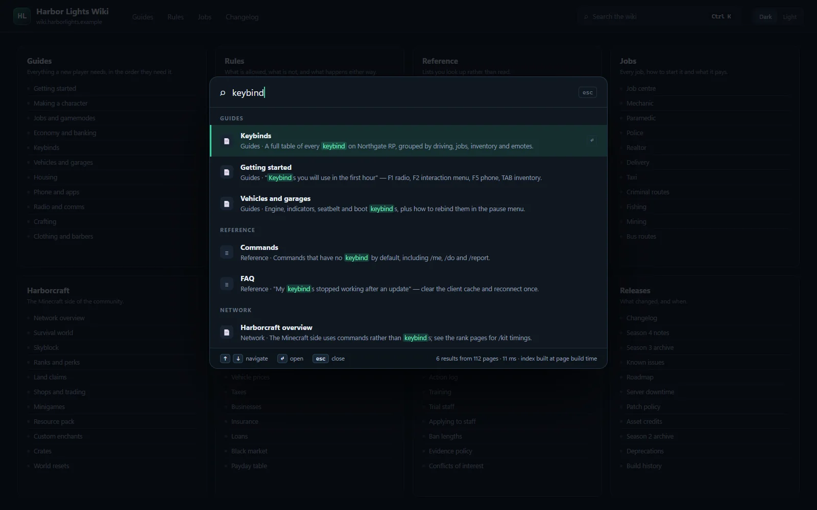 Search results overlay with the site map of sections behind it