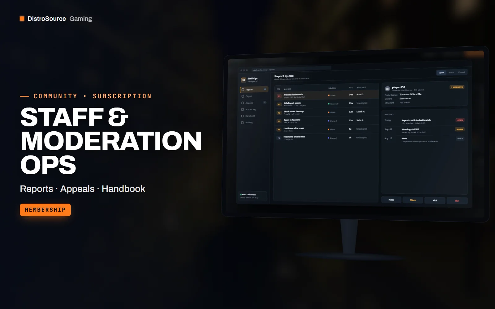 Staff dashboard with a report queue, player history and recent actions