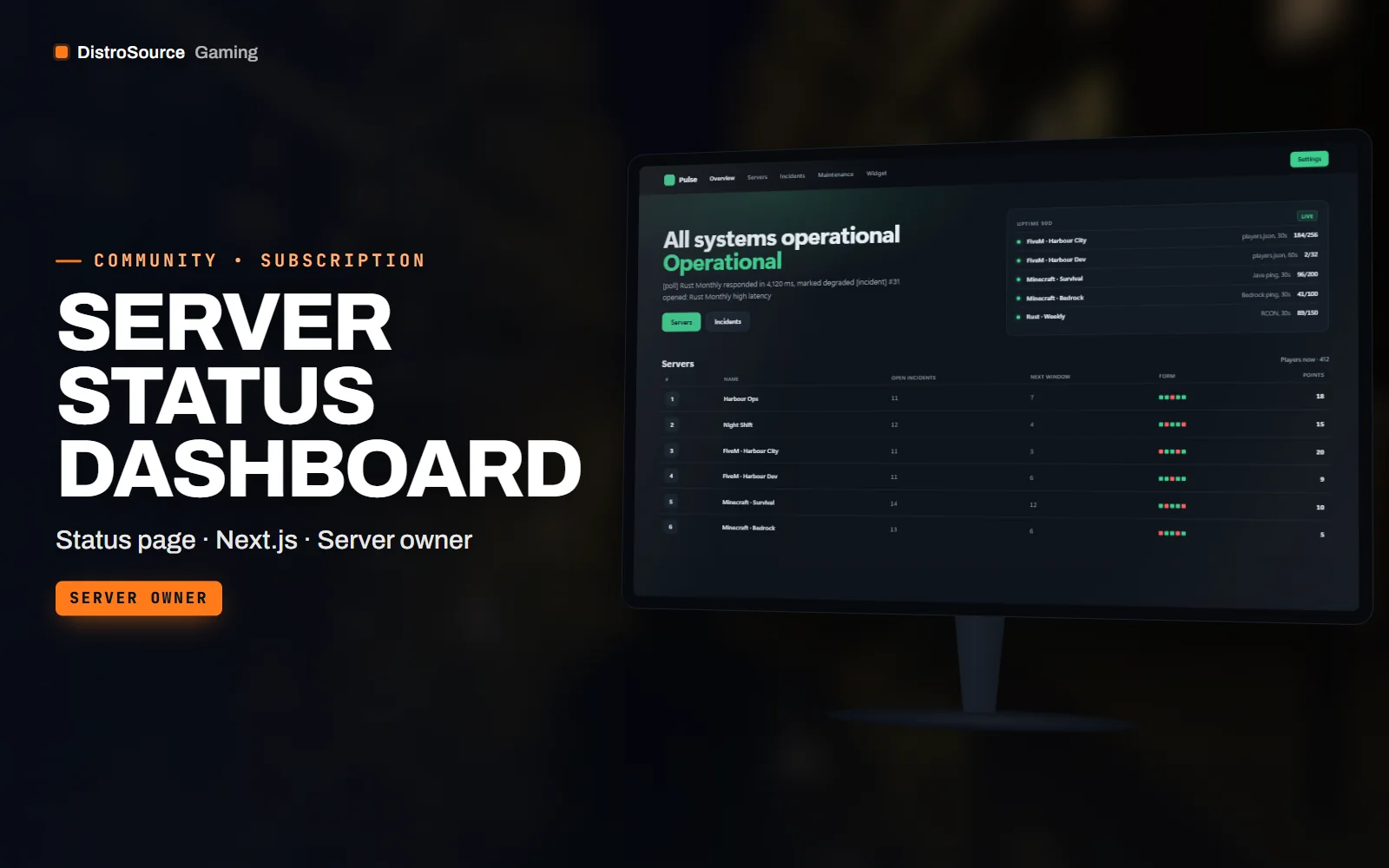 Public status page with top navigation, a hero stating all systems operational, and a table of servers with player counts and ninety-day uptime bars