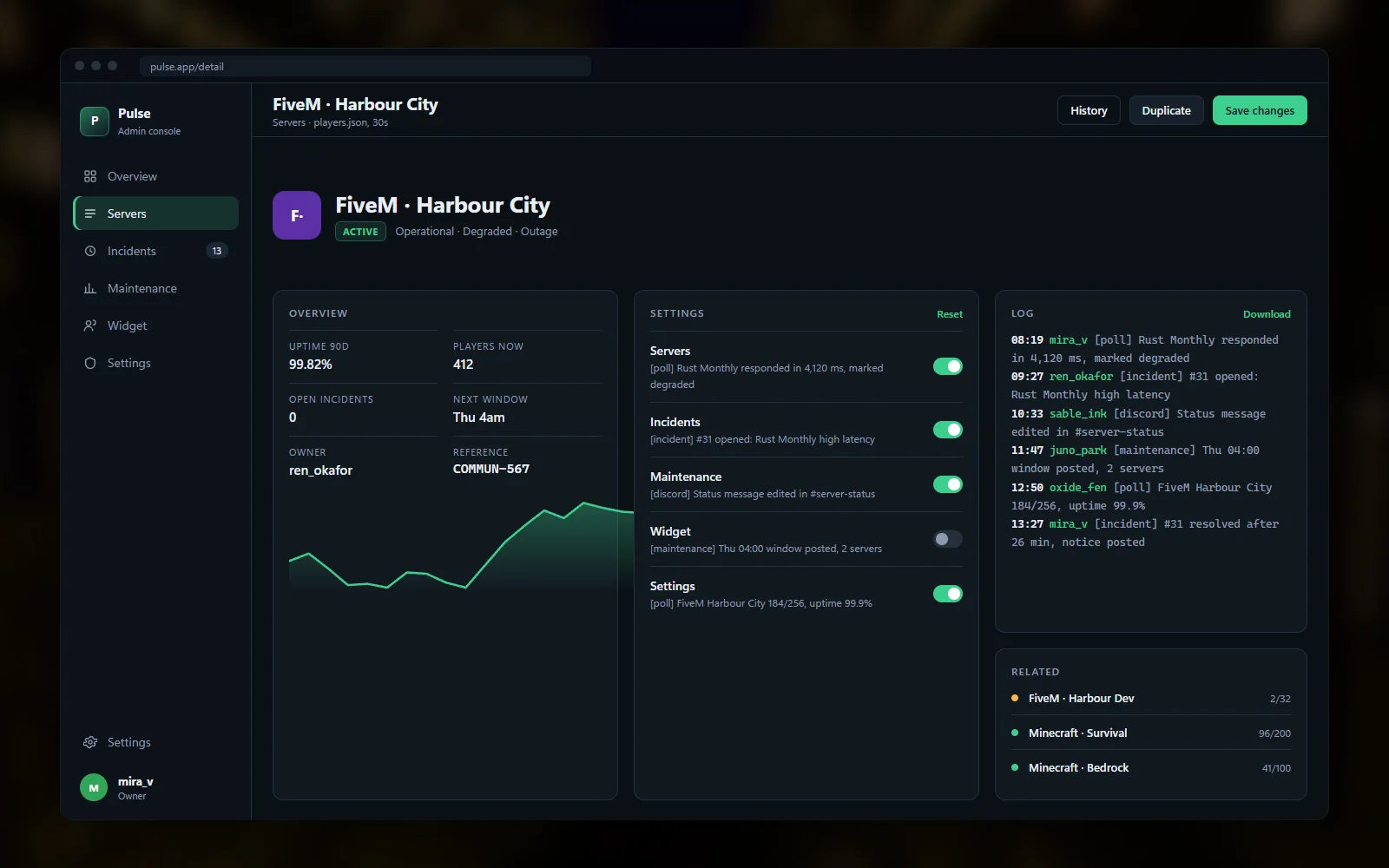 Incident detail page showing affected servers, a timeline of status updates, the resolved marker and the Discord message preview