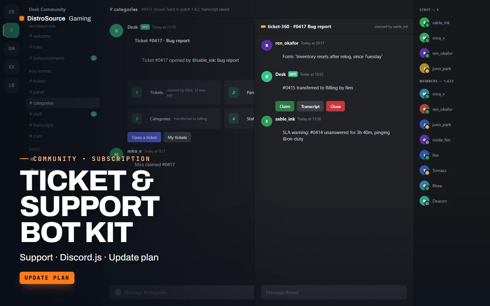 Ticket panel message with category buttons beside an open private thread where a member's bug report is claimed by a staff member