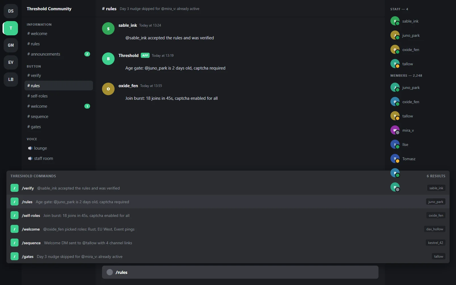 Slash command palette listing verify-panel, roles-menu, gate, sequence and onboarding stats commands with their options