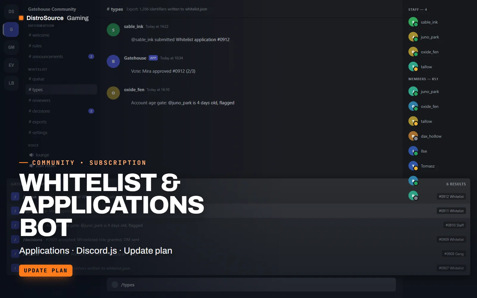 Slash command palette showing apply, review, applicant history and allowlist export commands with their option hints in a Discord channel
