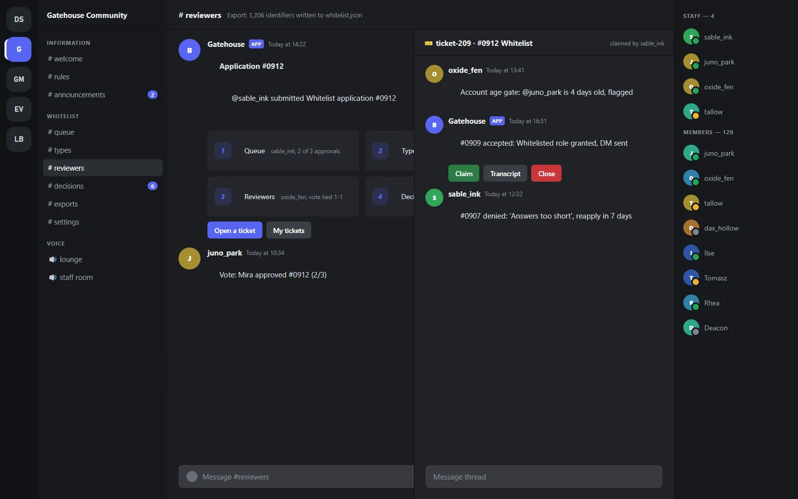 Application panel with buttons for each application type beside a private review thread where reviewers discuss a pending applicant