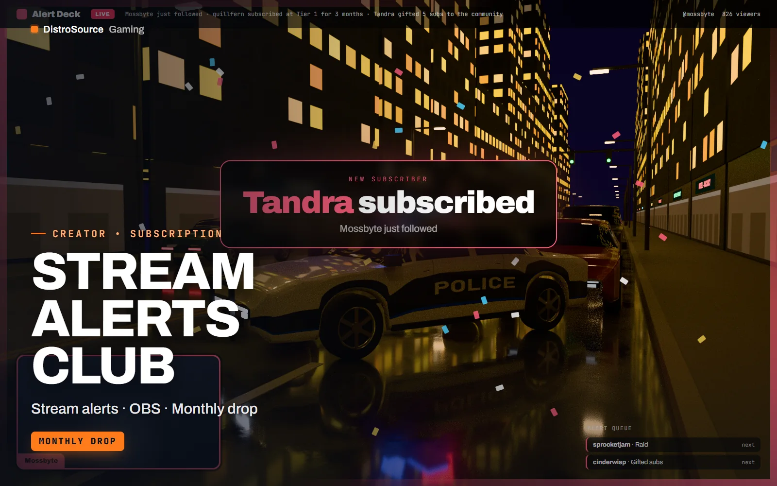 A gift sub alert firing over gameplay, showing the animated banner with the viewer name and message beside the webcam frame and chat box