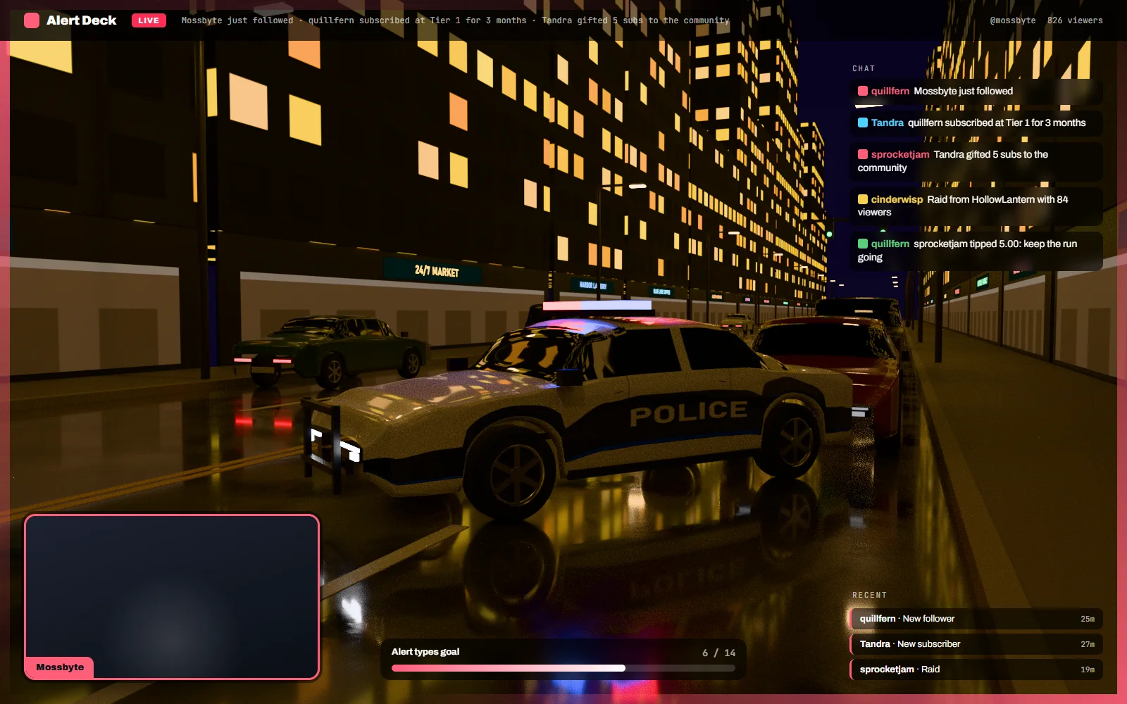In-game stream scene with the month's alert style applied to the webcam frame, chat box and follower goal bar over gameplay