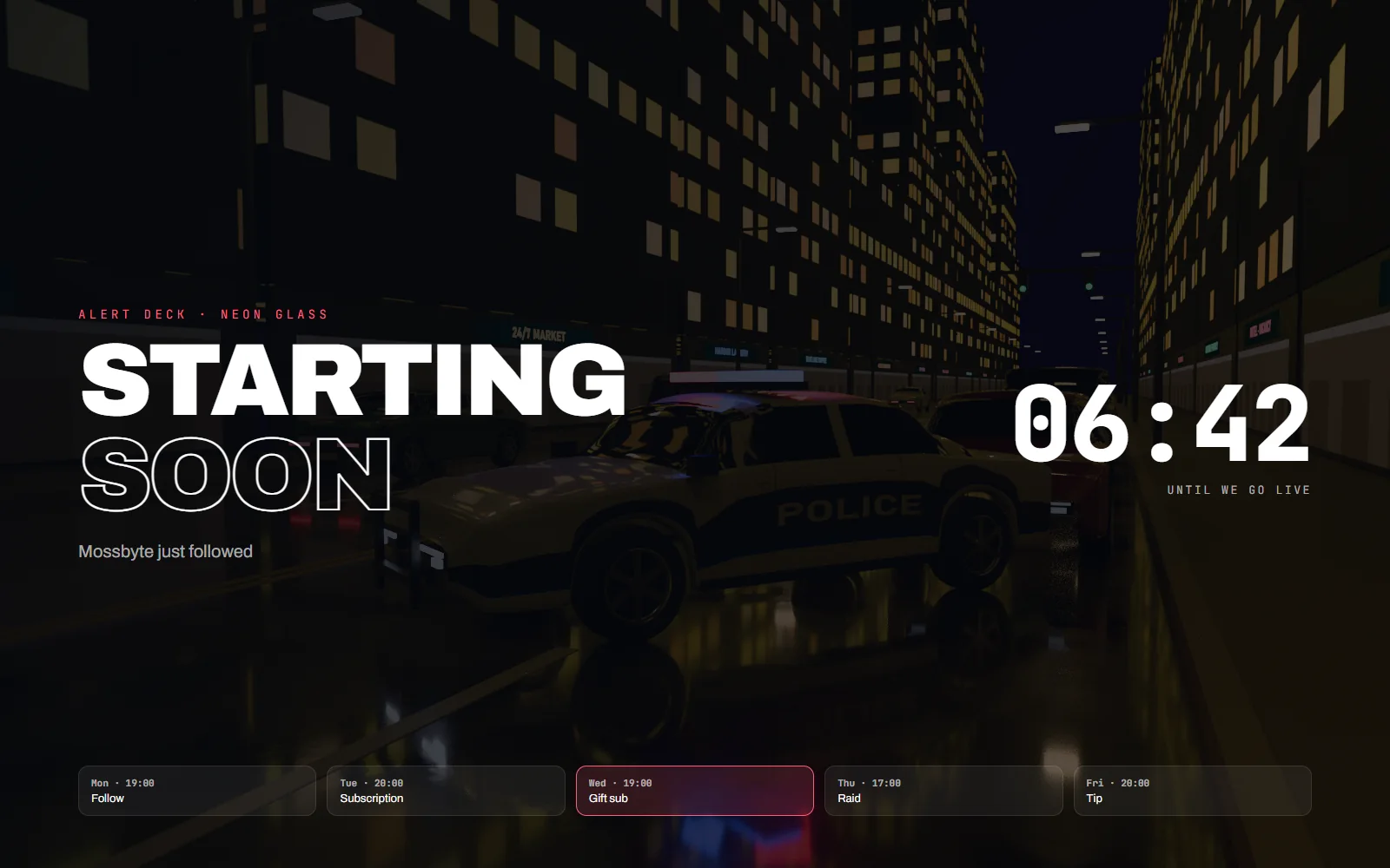 Be right back scene in the same style with a countdown, recent events list and social handles on a dimmed backdrop