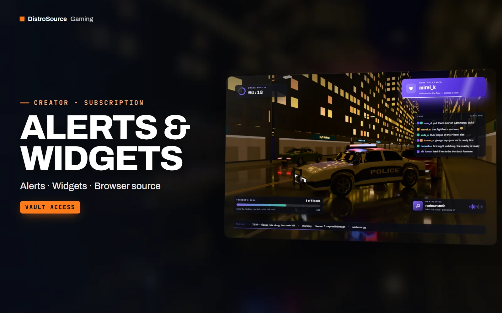 Stream widgets running over gameplay: a follower alert mid-animation, chat box, goal bar, countdown and now-playing