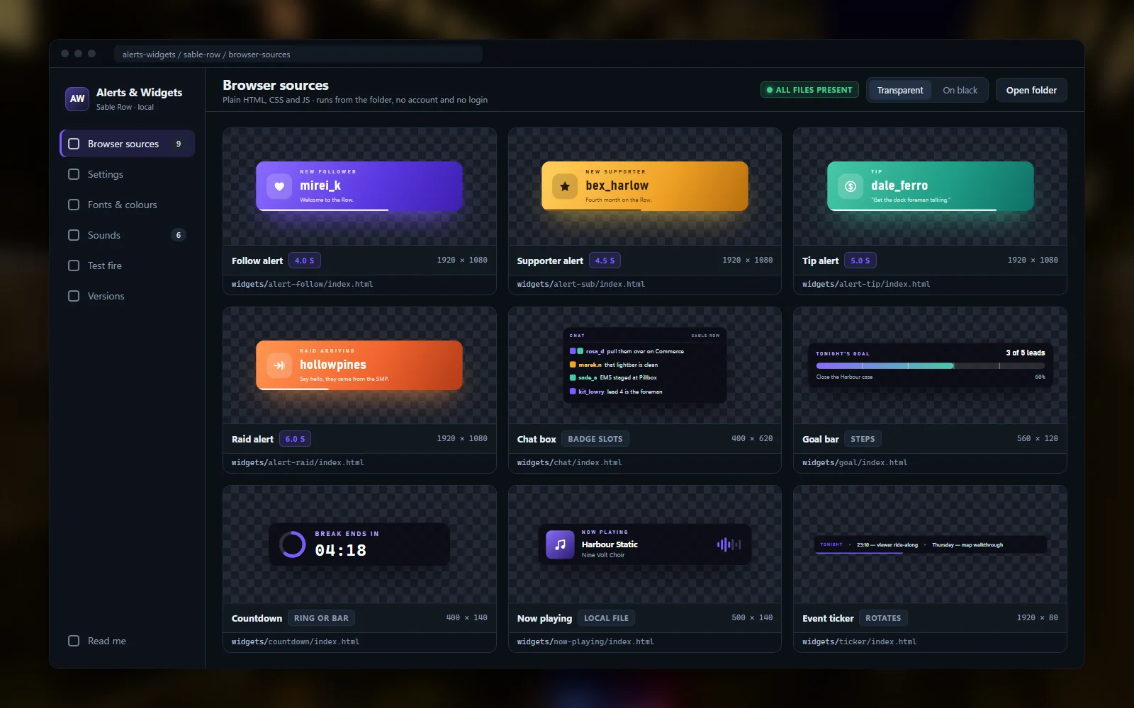 Each widget isolated on a transparency checkerboard with its canvas size and local file path