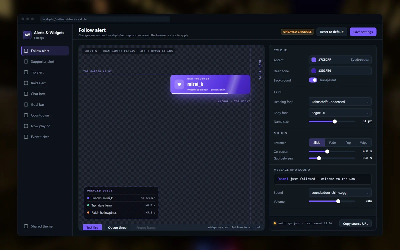The settings page that ships with the widgets, showing colour, font, duration and animation fields