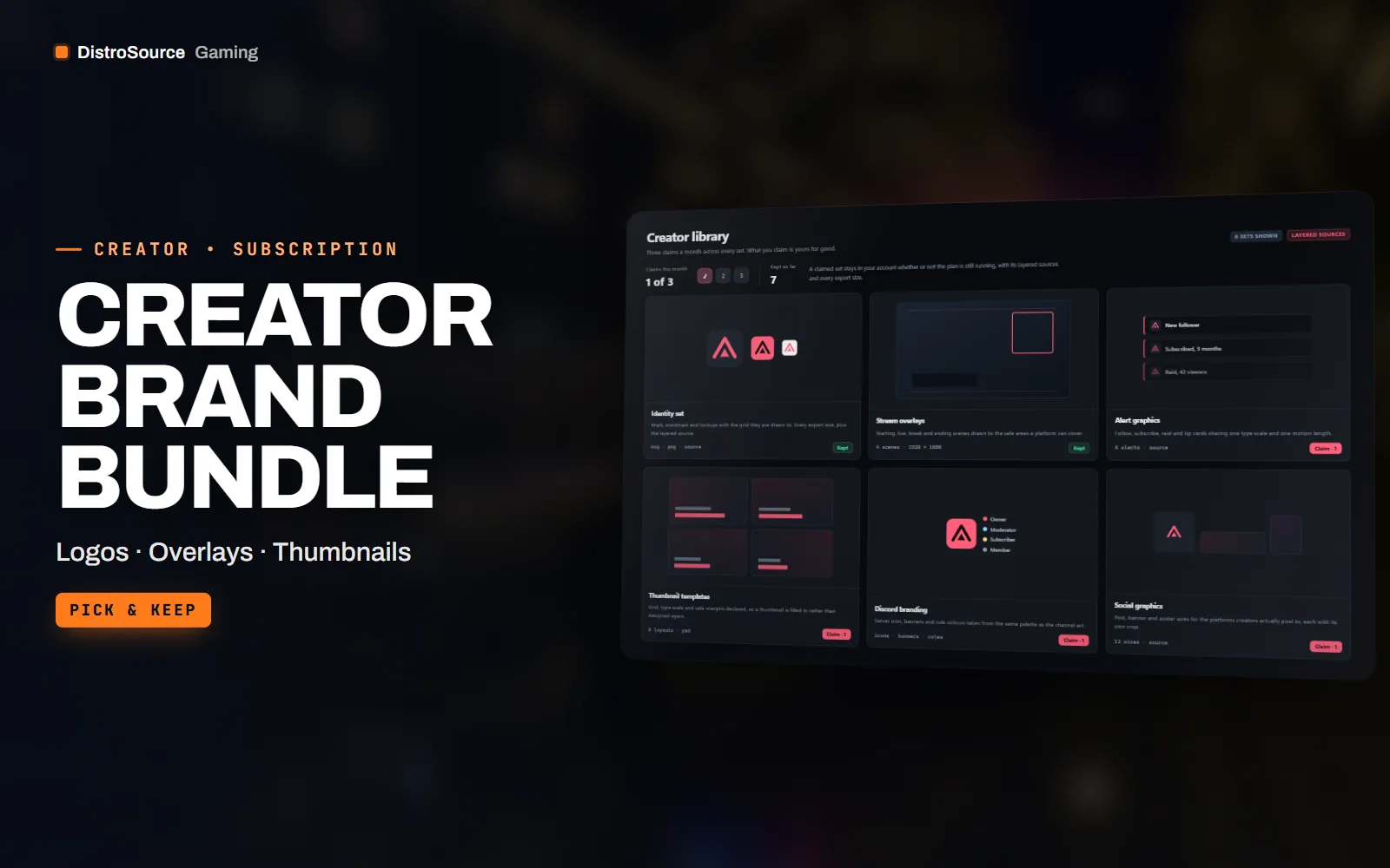 Creator library shown as a grid of claimable sets — identity, overlays, thumbnails, Discord and social — with three claims available this period