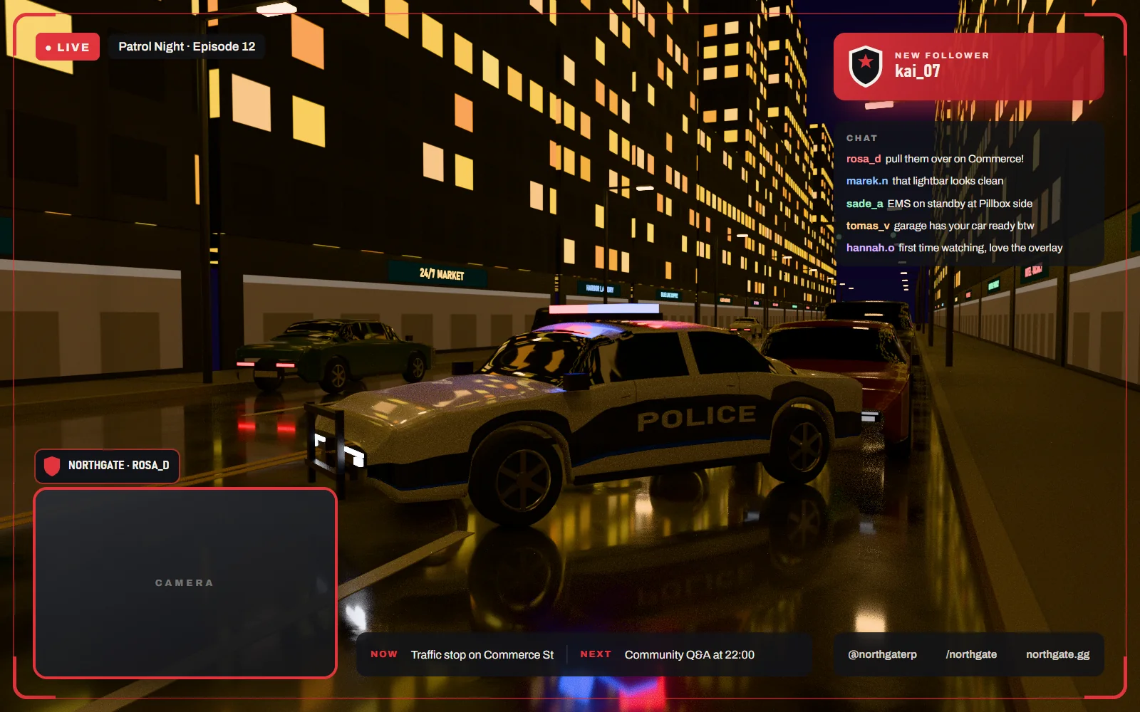Stream overlay with camera frame, alerts and panels over gameplay