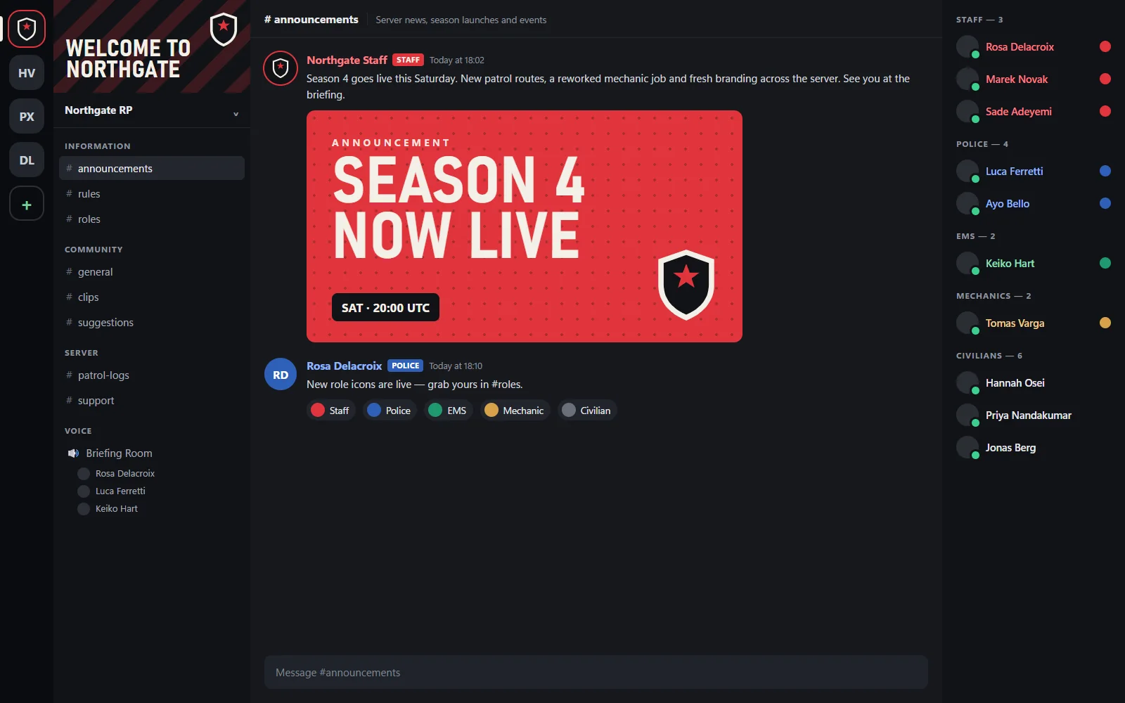 Community chat app showing the server banner, role icons and announcement post