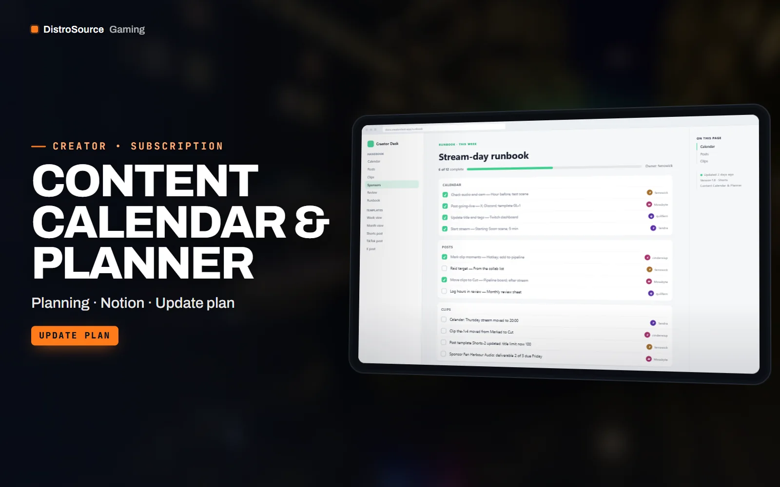 Stream-day runbook checklist with sections for the hour before, going live, mid-stream clip marks and after the stream, with ticked and unticked items