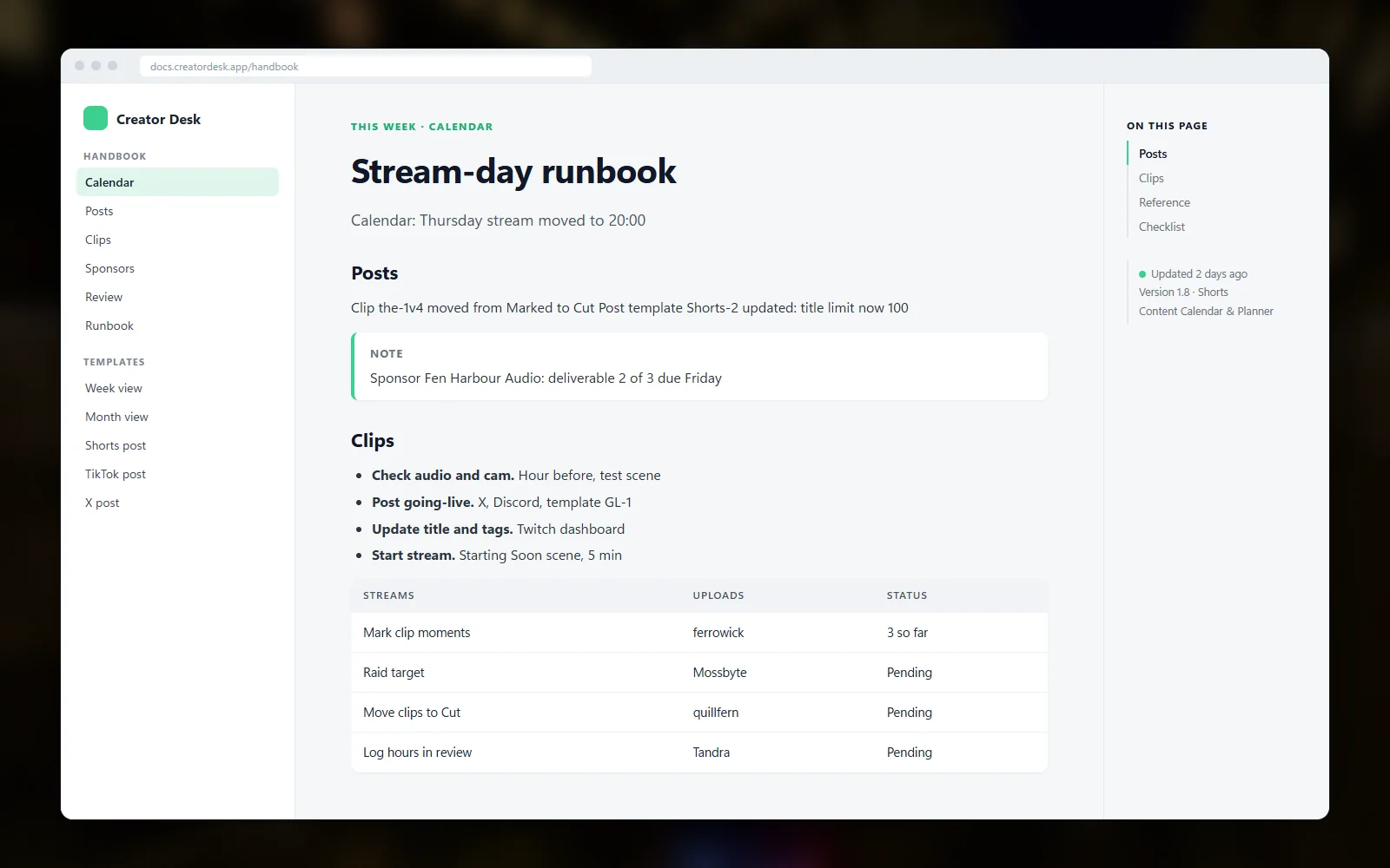 Planner handbook page showing the content calendar week view with stream, upload and post slots and the clip pipeline columns beneath