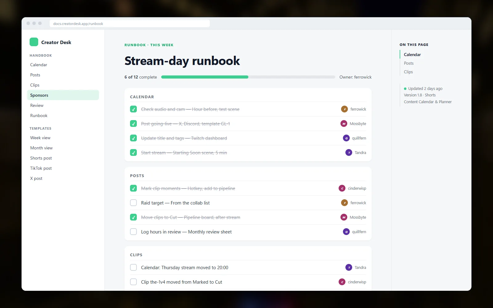Monthly review checklist with hours streamed, uploads, follower change, sponsor deliverables and a section for next month's experiments
